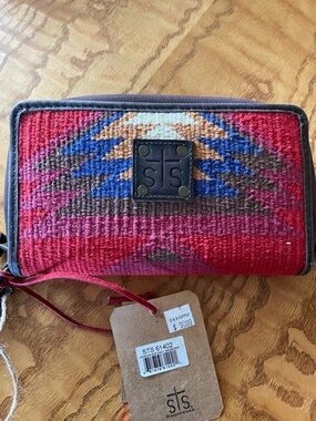 STS Ranchwear Red Aztec Woven Zip Wallet with Leather Patch
